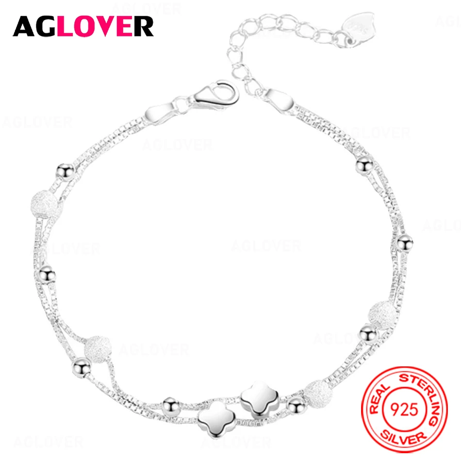 

AGLOVER 925 Sterling Silver Double-layer Round Bead Four-leaf Clover Bracelet Women's All-match Fashion Party Jewelry