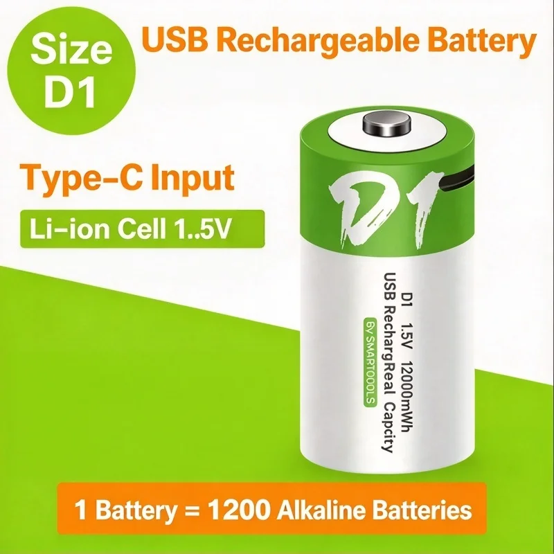 Size D 1.5V USB Rechargeable Lithium Battery, 12000mWh Constant Voltage D Cell Battery for Gas Water Heater, Gas Stove