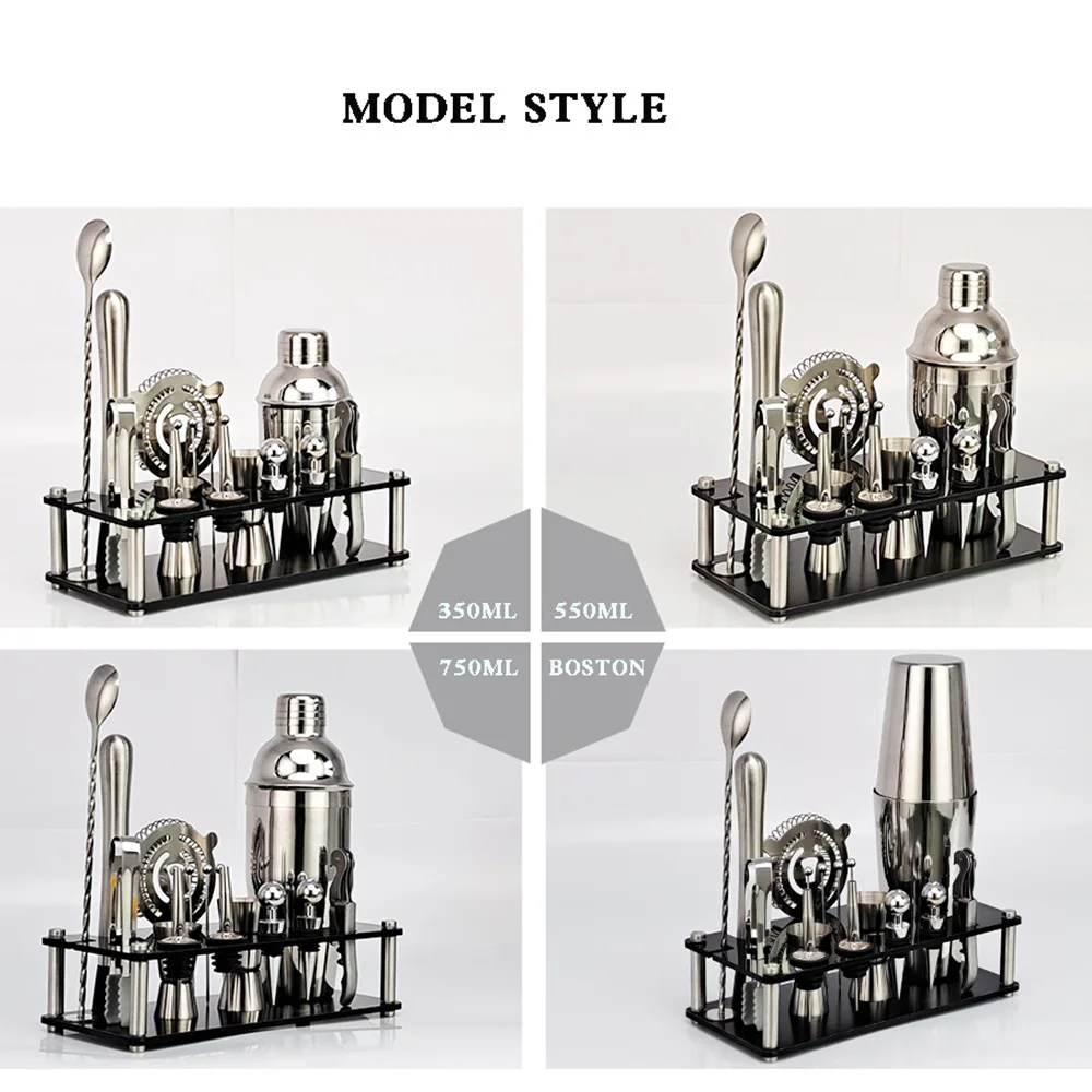 17Pcs 304 Stainless Steel Cocktail Shaker Set with Storage Rack Bar Tools Kit for Home & Beginner Use