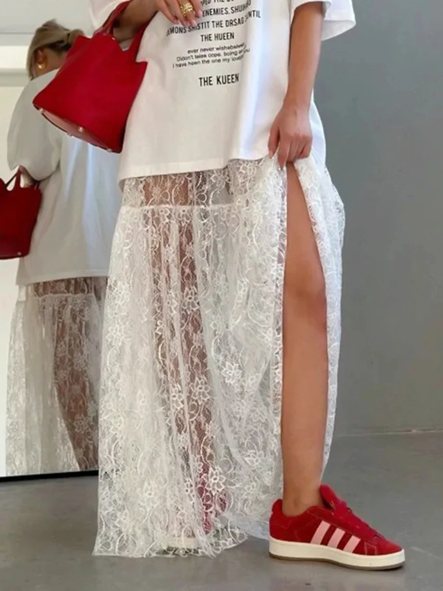 Transparent Lace Jacquard Skirts For Women Summer High Waist Sexy Chic White A-line Skirt 2024 Streetwear Fashion Long Faldas