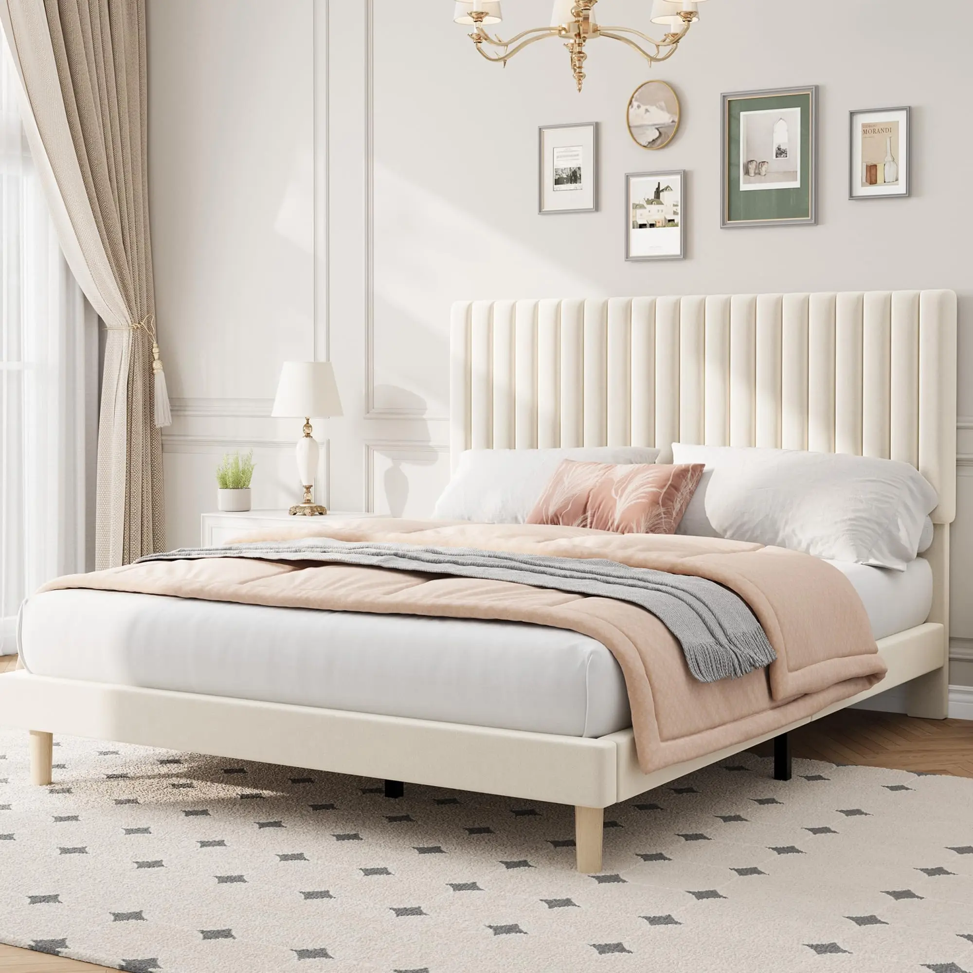Twin Full Queen King Velvet Upholstered Bed Frame, Adjustable Channel Tufted Headboard, Wood Slats, 800lb Platform, No Box Spring view 7