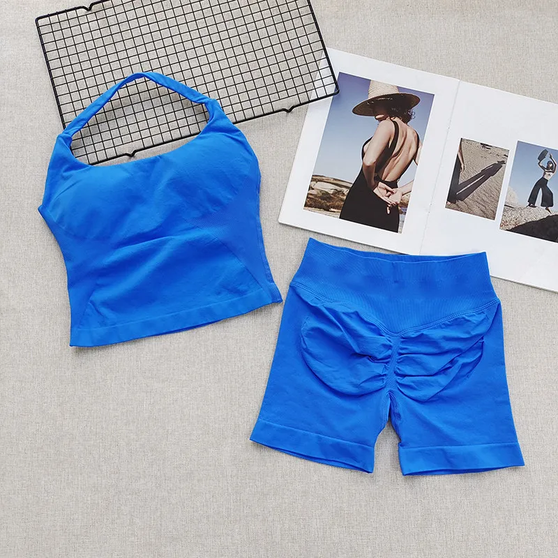 Damen-Sport-BH-Set mit Halsband, schöner Rücken, Yoga-Anzug, zweiteiliges Top, hochtailliertes, hüftformendes Fitness- und Gym-Set, Shorts-Sets – Detail 3