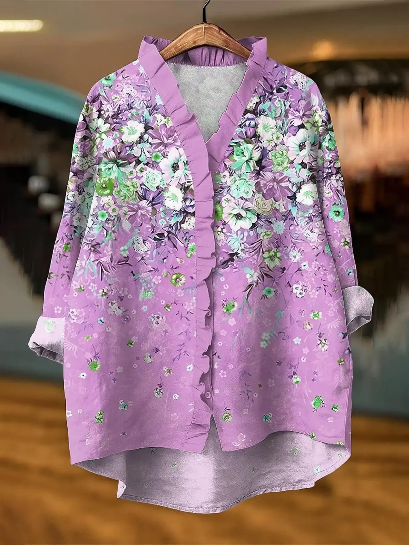 New women's printed long sleeved shirt with ruffled neckline, Multi functional daily and formal occasions wear,