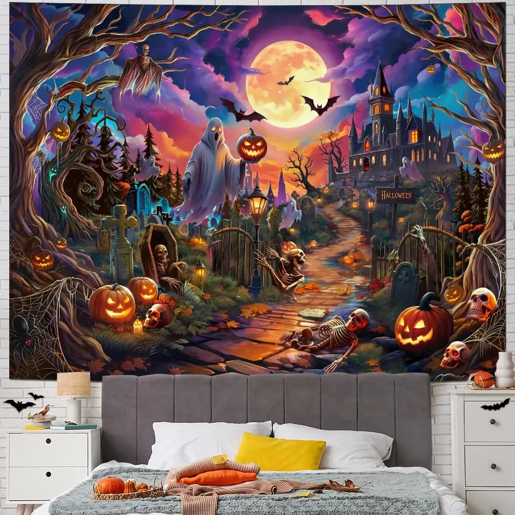 Tapestry Wall Aesthetic Tapestry Leofanger Halloween Trippy Skeleton Spooky Ghost Horror Pumpkin Cemetery Decor