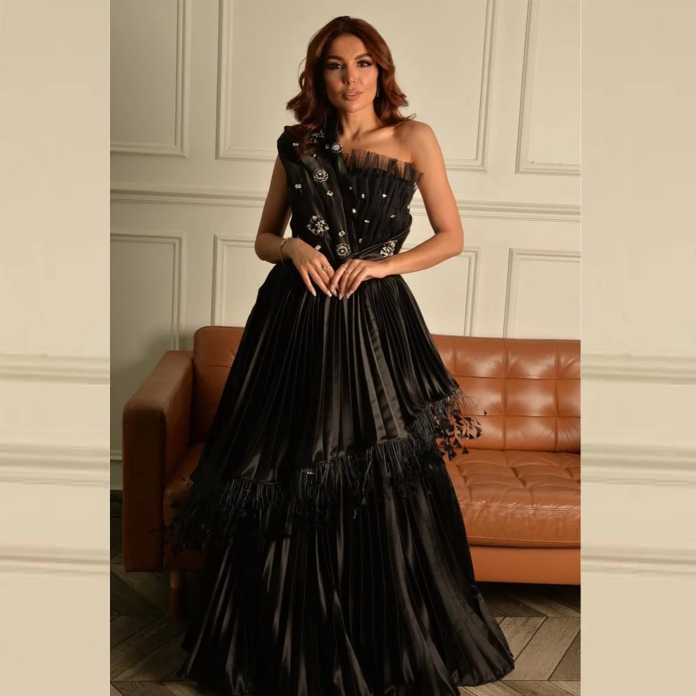  Satin Draped Beading Tassel Clubbing A-line One-shoulder Bespoke Occasion Gown Long Dresses Prom 