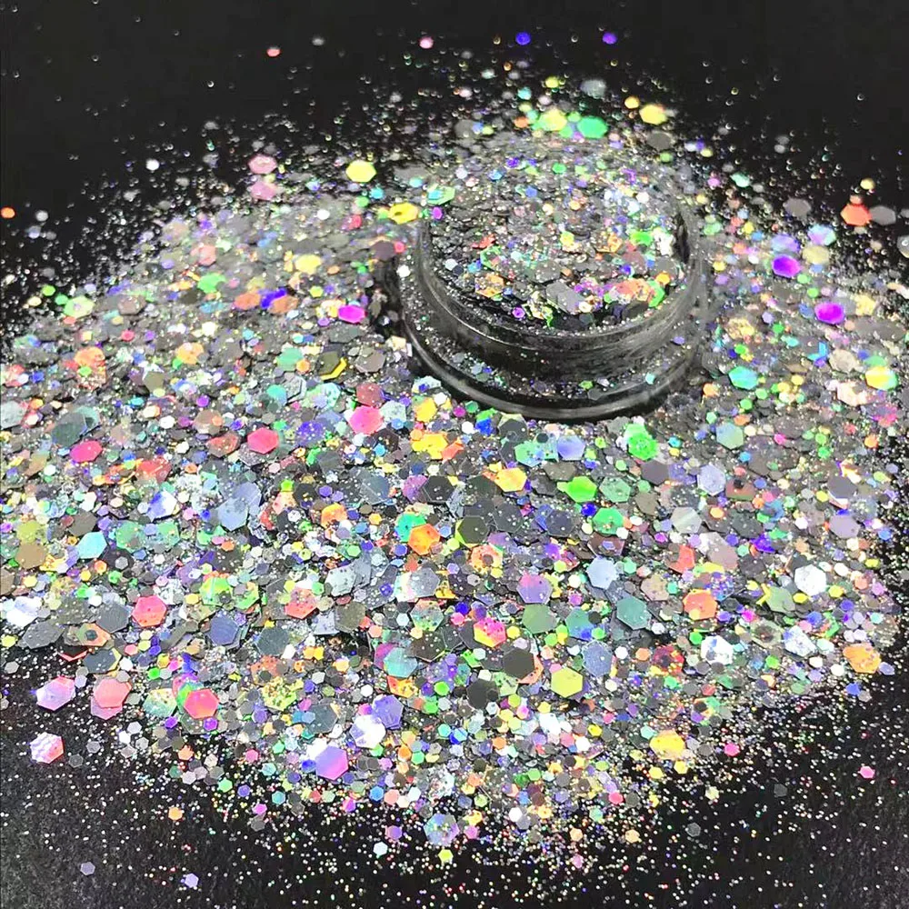 Purpurina iridiscente para decoración de uñas, 10 g/bolsa, lentejuelas holográficas, láser dorado/plateado, polvo colorido, brillante, hexagonal,