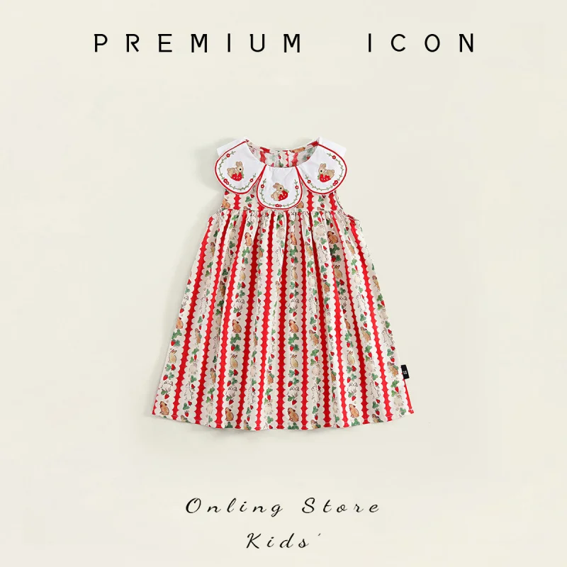

Girls' Rabbit Embroidered Dress2026New Summer Children's Red Short-Sleeve Dress, Fashionable and Stylish Princess Dress