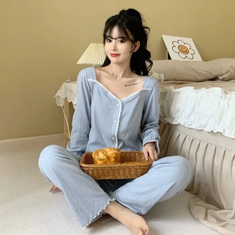 Square Collar Pajama Sets Women Panelled Sweet Home Spring Autumn Soft Ulzzang Sleepwear Students Lounge Casual Fashion Daily