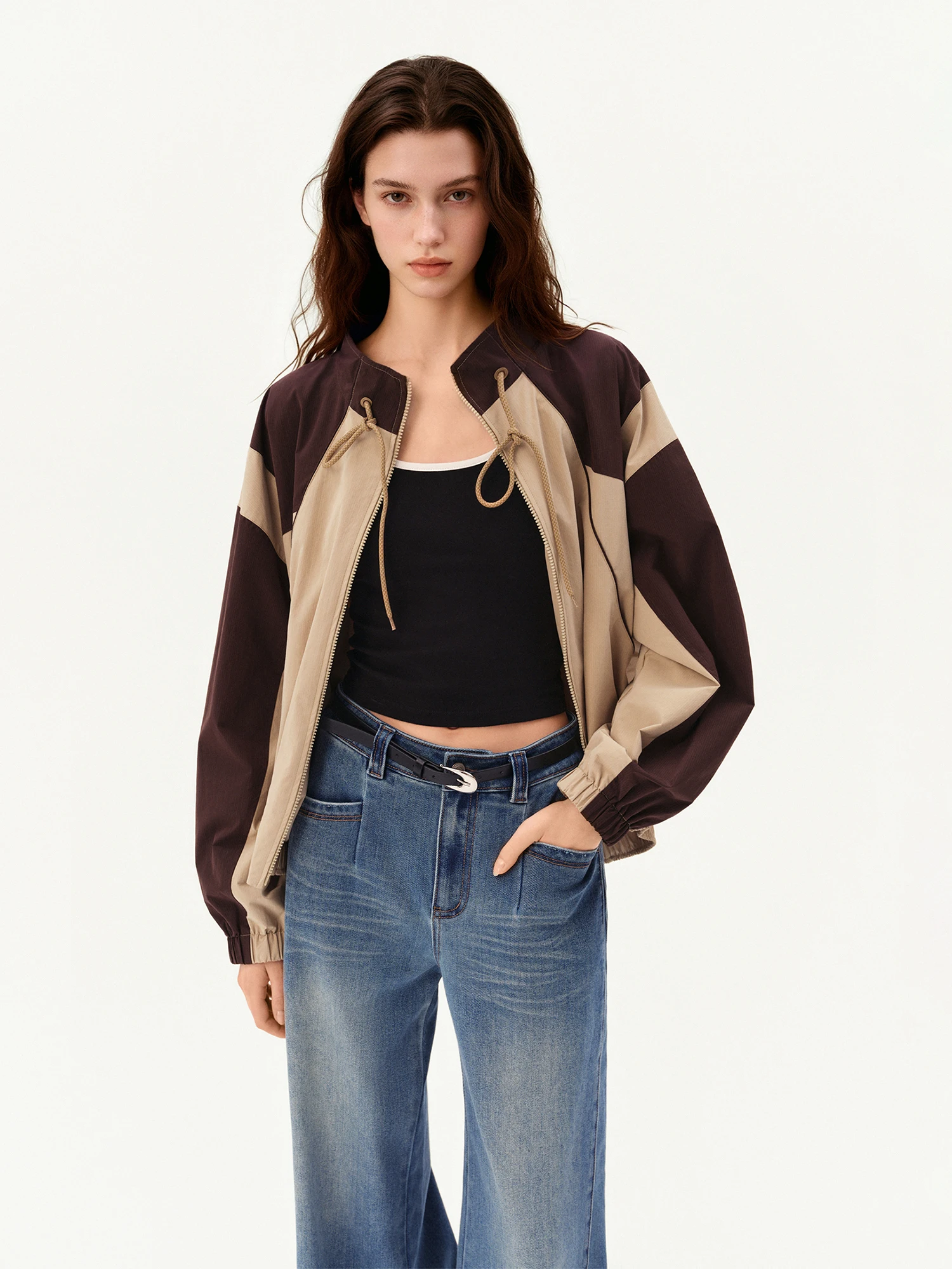 ZIQIAO 2026 Fall Women's Retro Varsity Colorblock Jacket, Raglan Sleeve Stand Collar Drawstring Cropped Coat Preppy Sporty Style