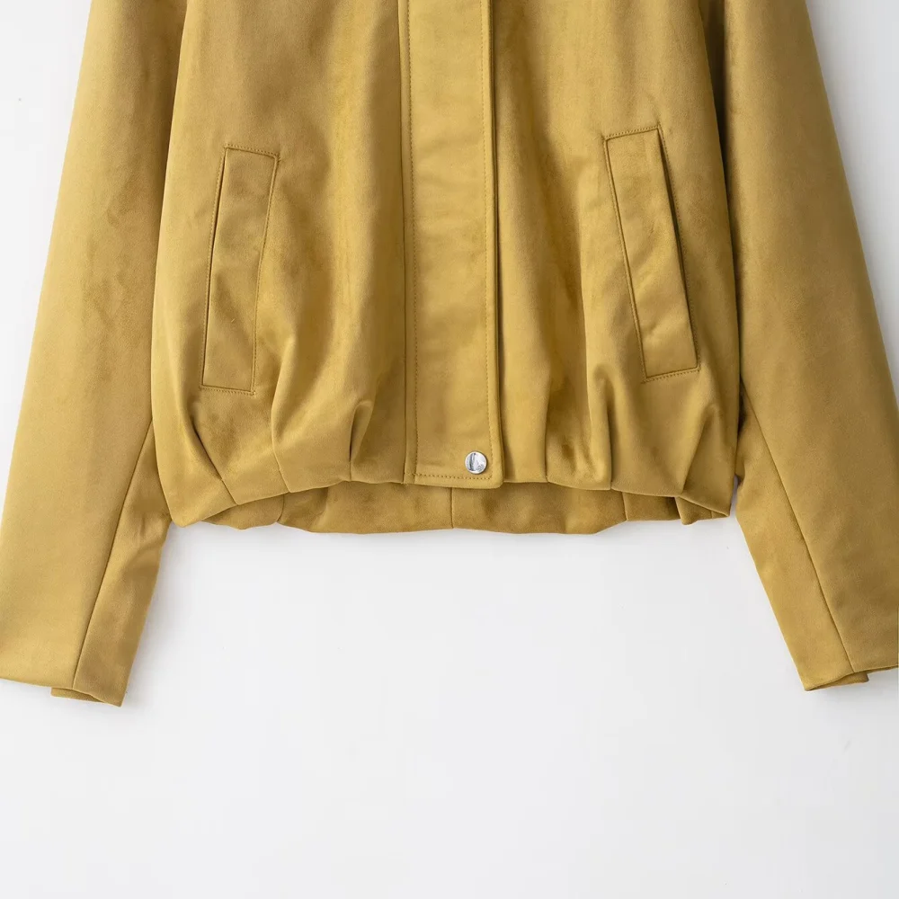 Jaket longgar wanita berbahan suede dengan kerah, lengan panjang, kancing, ritsleting, dan saku, jaket mode baru untuk musim gugur dan musim dingin.