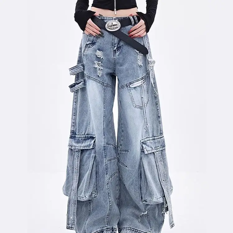 American high street hip-hop retro tubo recto lavado multi bolsillo ropa de trabajo jeans para niñas piso abrazando pantalones casuales sueltos