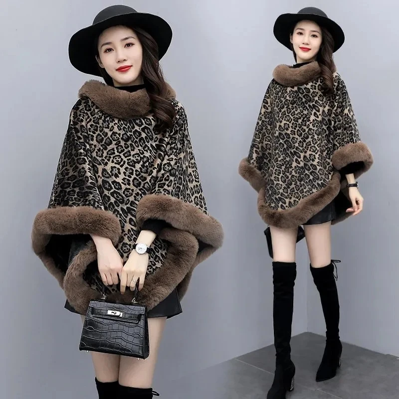 Add Velvet Cloak Shawl Women\'s Short Autumn/Winter Faux Fur Fashion Leopard Print A Style Thicken Warm Pullover Cloak Plaid Coat