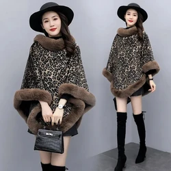 Add Velvet Cloak Shawl Women's Short Autumn/Winter Faux Fur Fashion Leopard Print A Style Thicken Warm Pullover Cloak Plaid Coat