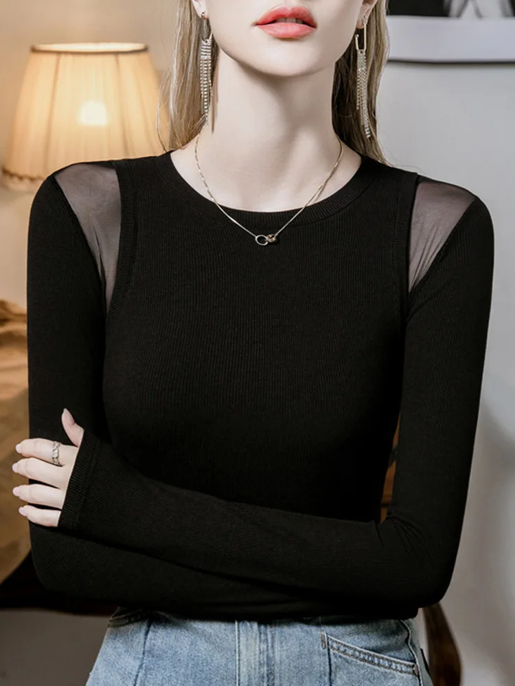 Sheer Mesh Patchwork Slim Long Sleeve Dance Top – Elegant Round Neck Classical Performance Costume for Women Girl Top