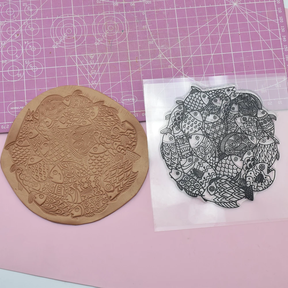 Clay Stamp Texture Emboss Sheet Ceramic Pottery Polymer Clay Cute Fish Pattern Impression Template Designer DIY Art