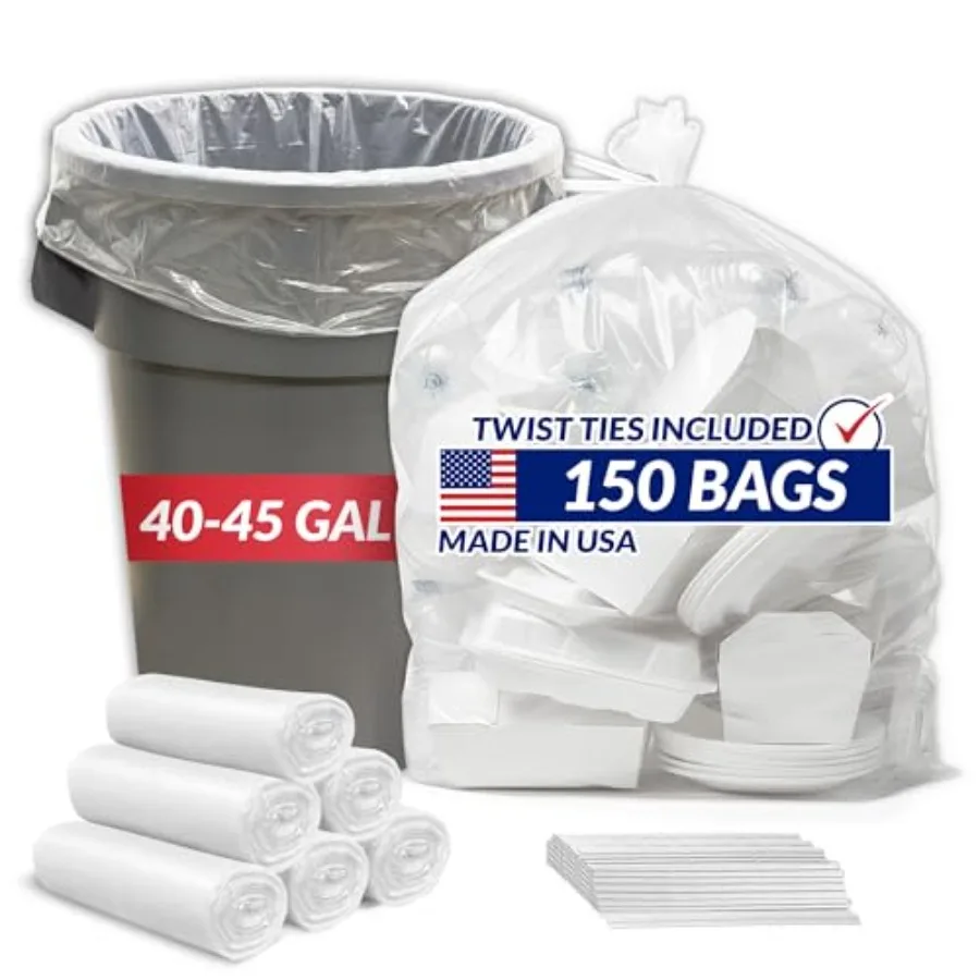 

Premium 40 to 45 Gallon Trash Bags Heavy Duty 150 Trash Bags with Ties Super Sizeable Clear Serious Garbage Cleanup