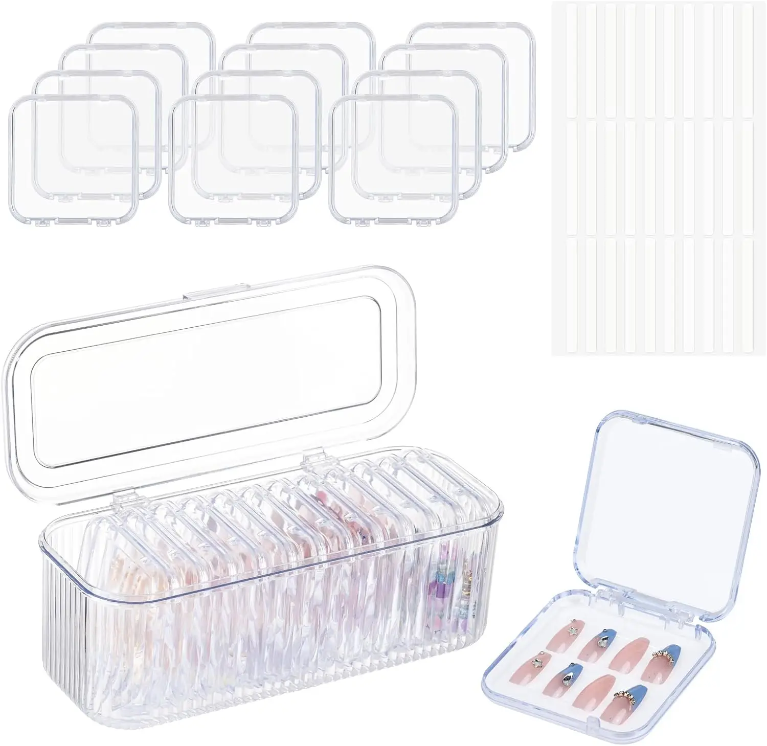 

12pcs Clear Press On Nail Storage Box Set with Large Case & Double-Sided Tape