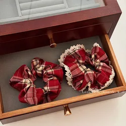 Red Lace Check Large Scrunchie Women's Superior New Year's Christmas Vibe Korean Scrunchie Headwear Hair Accessories for Girls