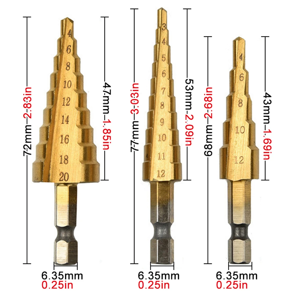 Hexagonal Shank Straight Slot Titanium Plated Step Drill Bit 3-12/4-12/4-20 Tower Drill Bit Gold Center Punch Position Tool Set