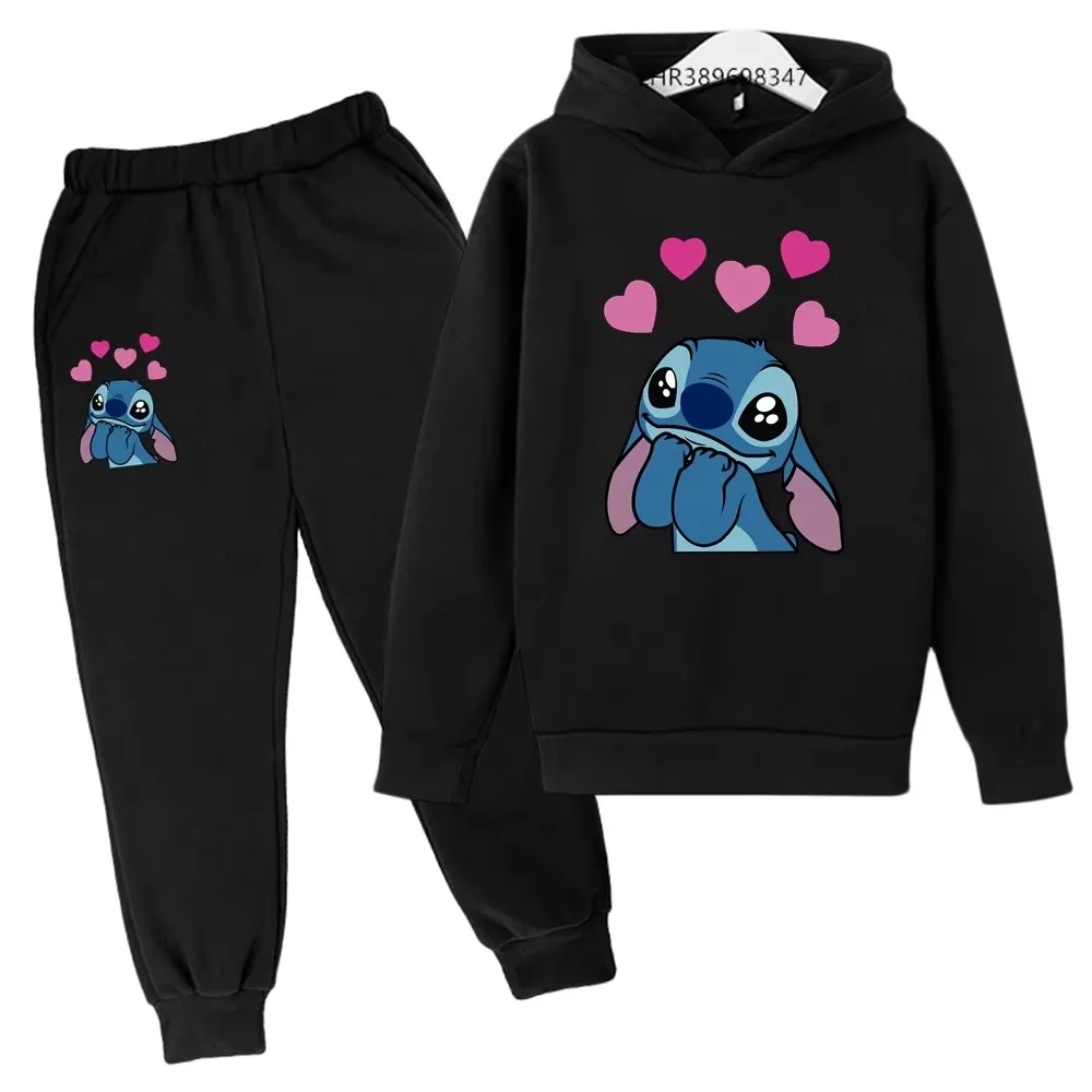 Autumn Winter Anime Stitch Children Hoodie+Pants set Clothing Suitable age 3-12 Boys Girls Sweatshir black coat