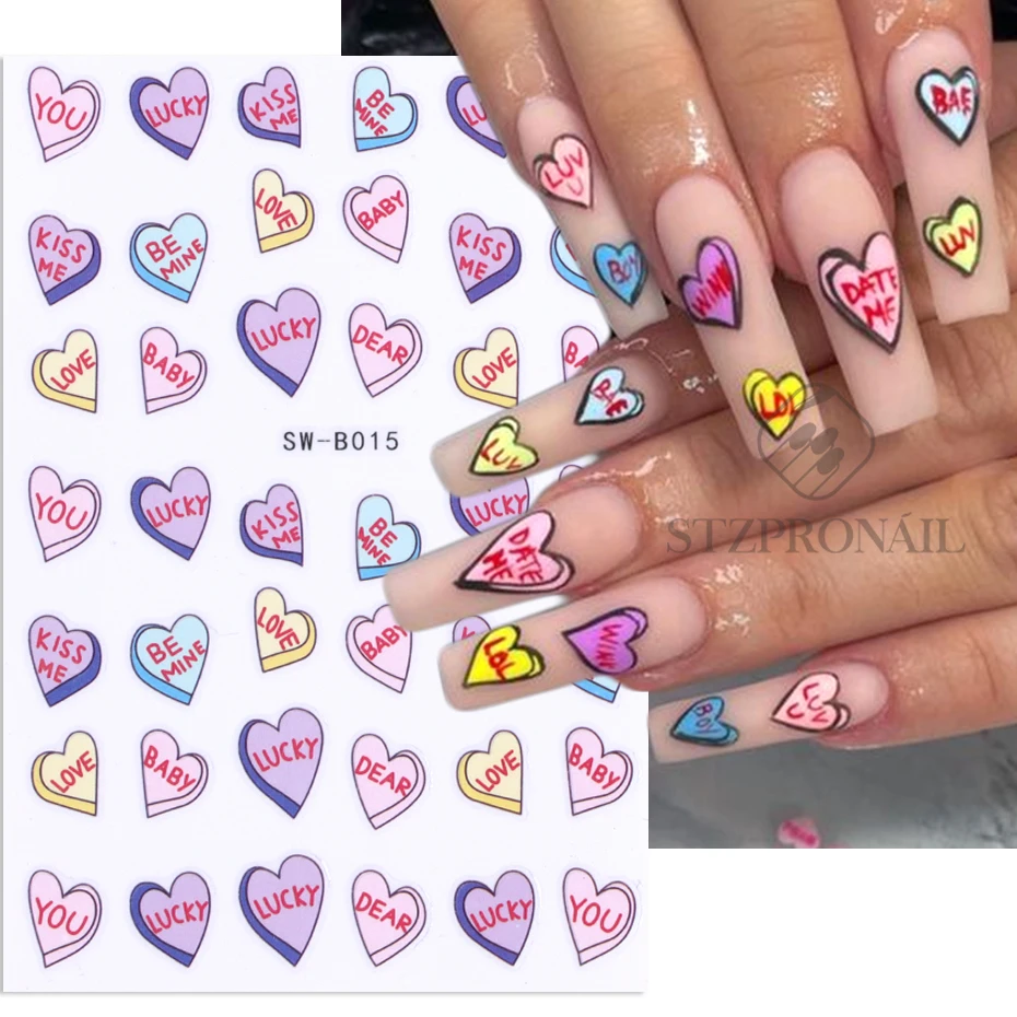 3D Sweet Love Heart Nail Stickers Cartoon Valentines Letter Colorful Glitter Sexy Lips DIY Romantic Adhesive Sliders Decoration