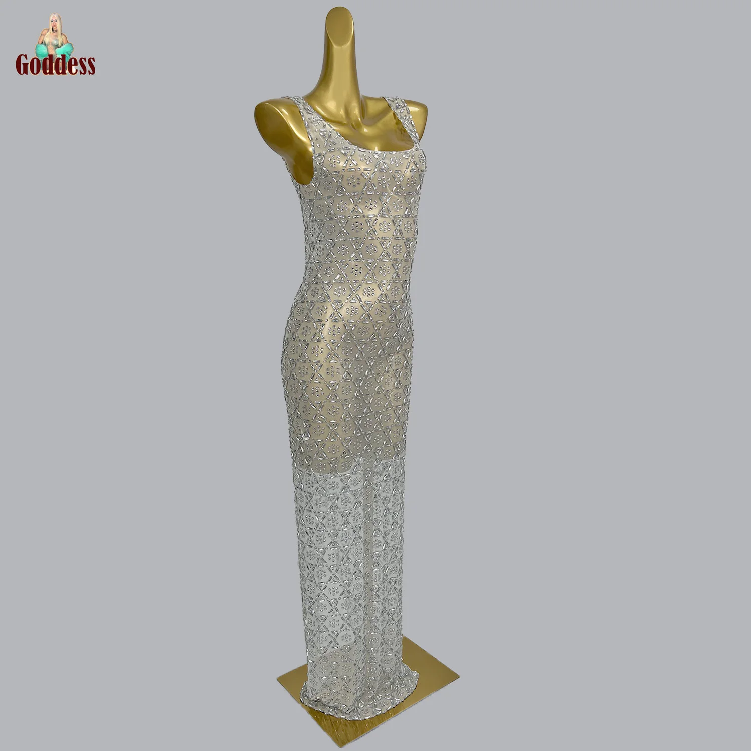 Robe longue élégante avec strass scintillants pour femmes, tenue de soirée de luxe, pour fête d'anniversaire, bal de mariage, Sexy, en maille transparente