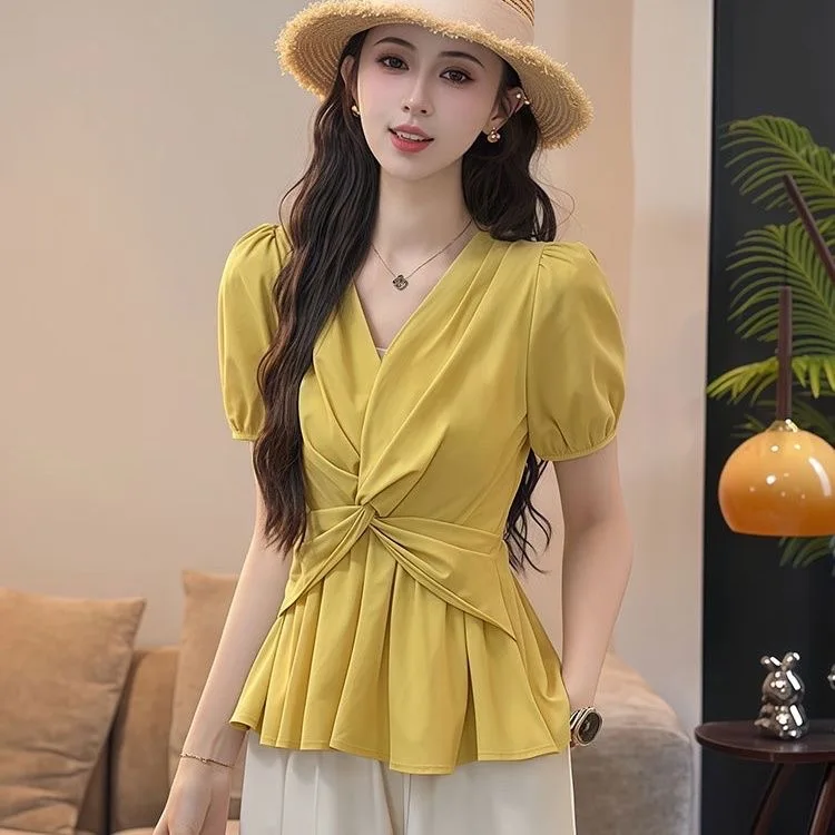 

plus Size Women's Retro Hong Kong Style Shirt V-Neck Waist-Cinching Short Sleeve Red Summer New Slimming Top for plus Size