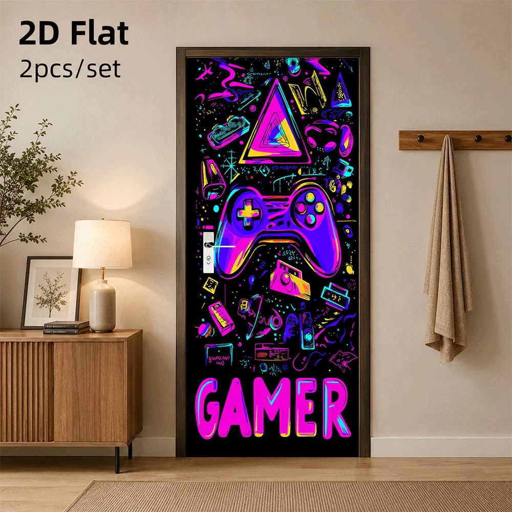 One colorful game themed door sticker presents elements such as game controllers and triangular symbols in neon colors, allowing