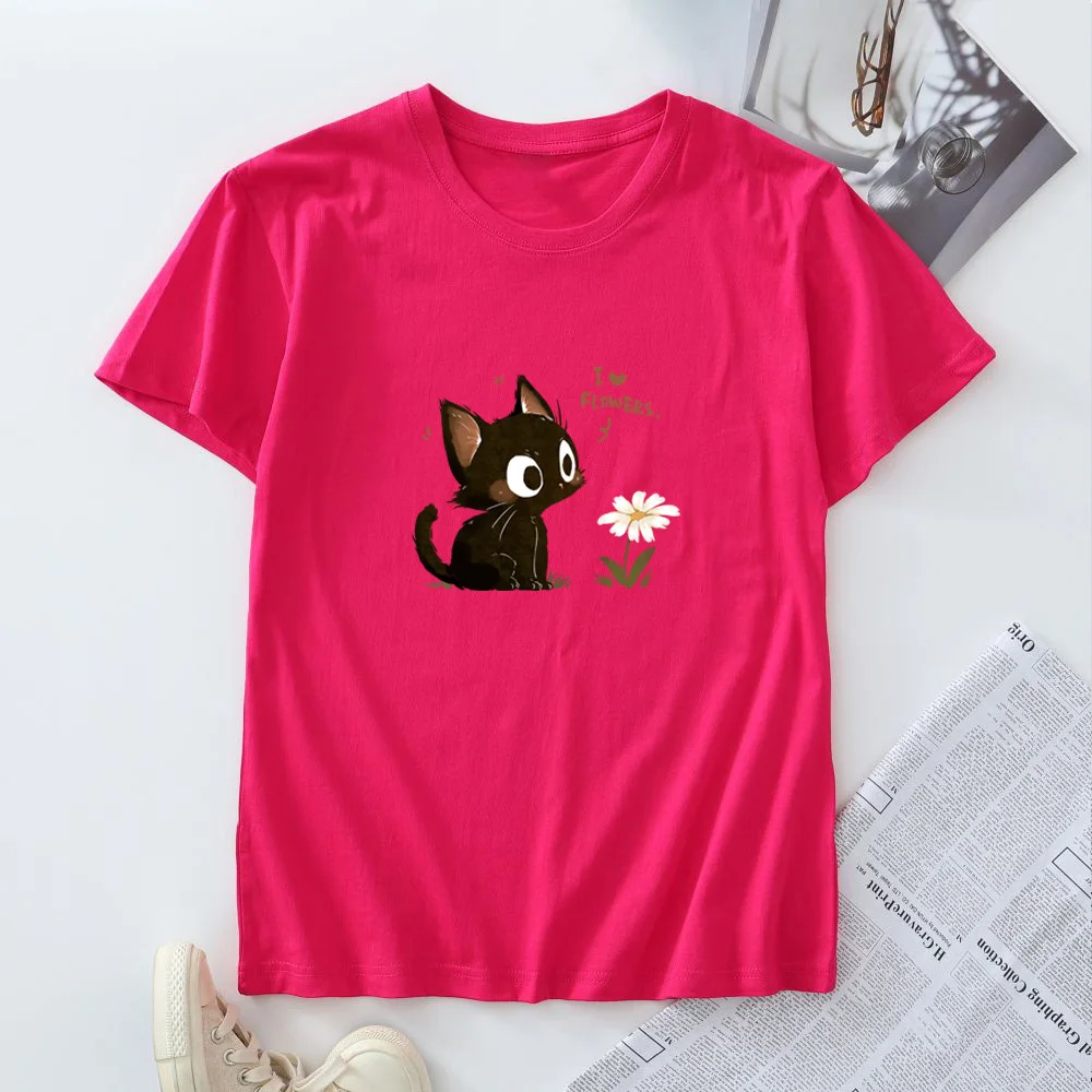 Damska bawełniana koszulka T-shirt Moda Kawaii Harajuku Kot Grafika T-shirty Letnie Krótkie Rękawy Damskie Koszulki Topy Odzież Damska — zdjęcie 5