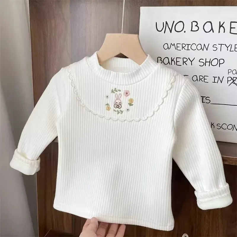 1pcs Children's T-Shirts Cartoon Embroidery Velvet warm top Kids Half High Collar Long Sleeve Base Shirt Girls Tshirts Clothes