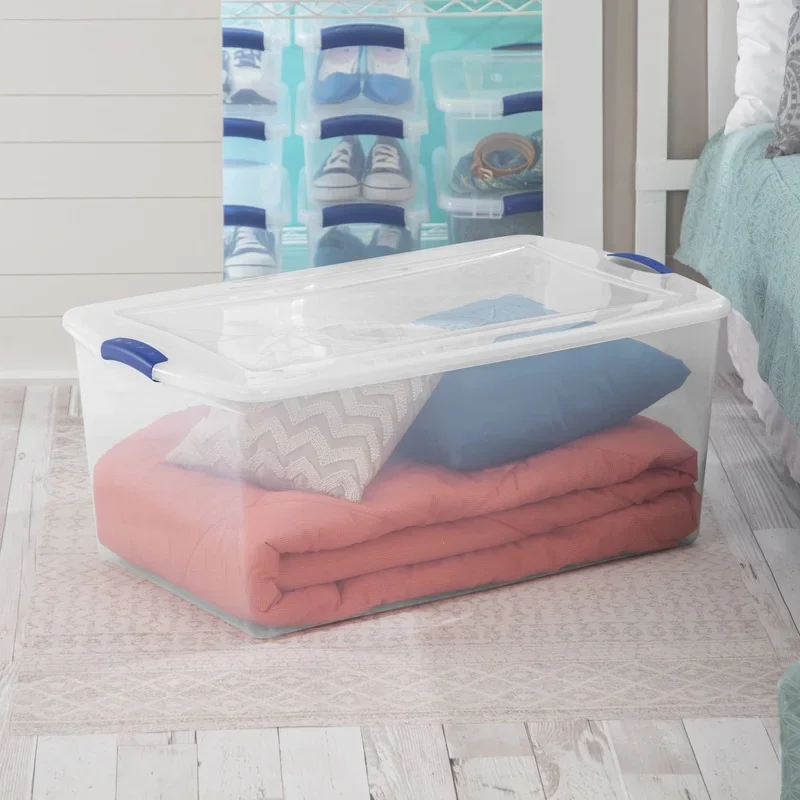 Contenedor de almacenamiento de plástico transparente con tapa de enganche, contenedor organizador apilable, mantas, ropa, artículos de temporada, Ideal para el hogar y la Oficina