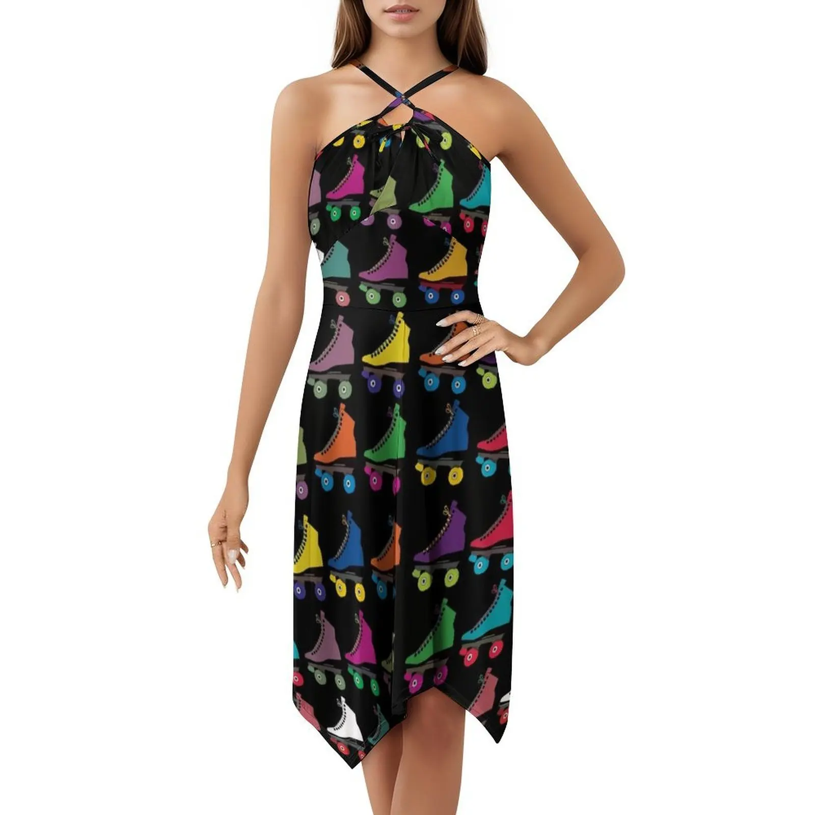 Multicolored Skate Women's Streetwear Party Dress Trendy Print Club Clothing For Female Skate Multicolour Pattern Wheels Roll