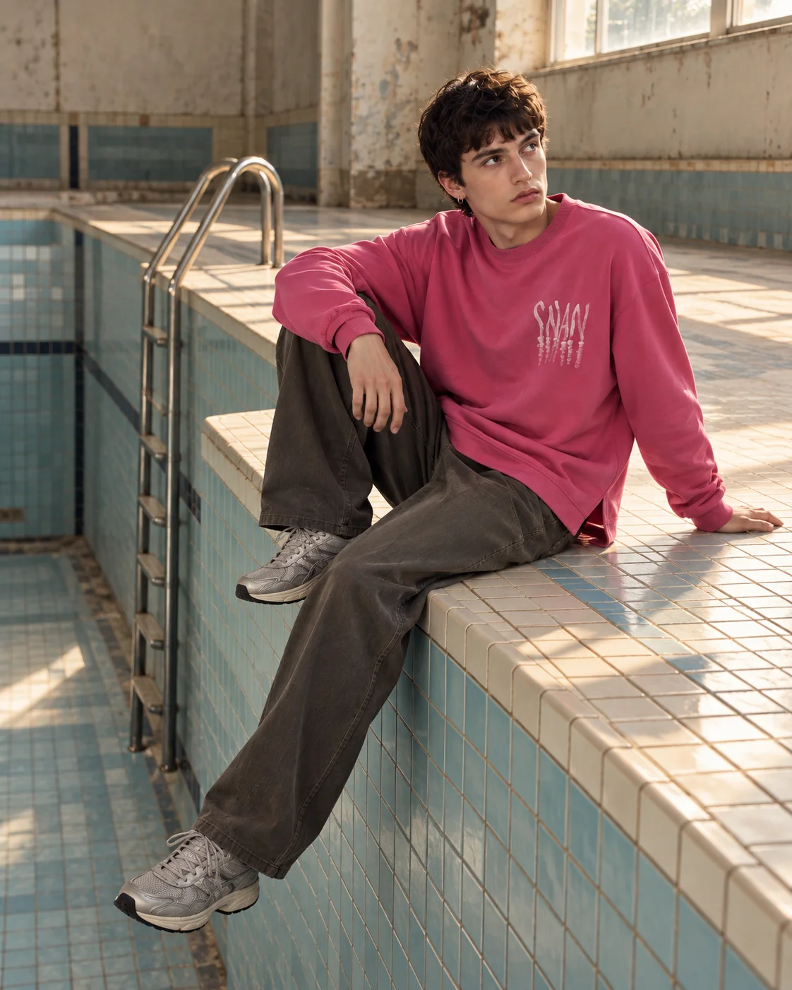 MAZZONNE Men's Rose Pink 100% Cotton Crew Neck Sweatshirt Raised Letter Graphic Long Sleeve Loose Fit Streetwear H