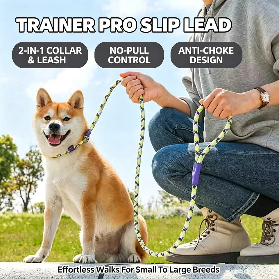 Trainer Pro Slip Lead 2-in-1 Dog Leash, No Pull Control & Anti-Choke, Heavy Duty Adjustable Nylon Rope for Small to Large Breeds
