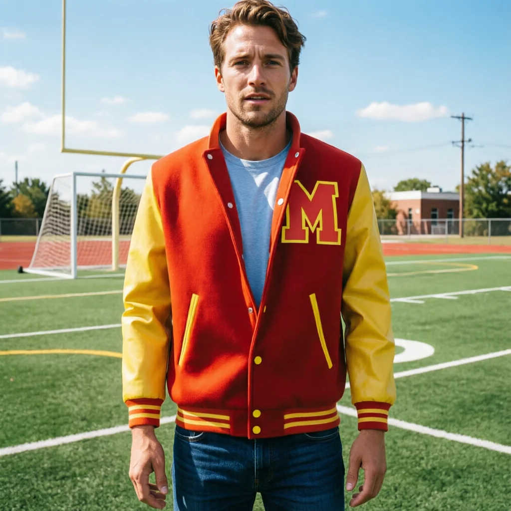 Men's Red and Yellow Varsity Jacket with "M" Letter Patch, Faux Leather Cuffs, Snap Button Baseball Jacket Cosplay view 2