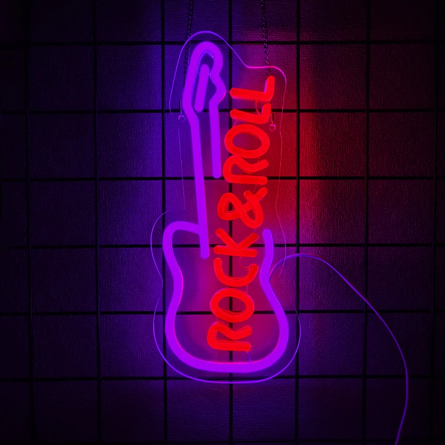 Rock Roll Led Neon Sign, Guitar Icon Hand-Made, Usb Powered, Used For Decor In Rooms, Music Studios, Concerts, Bars And Clubs.