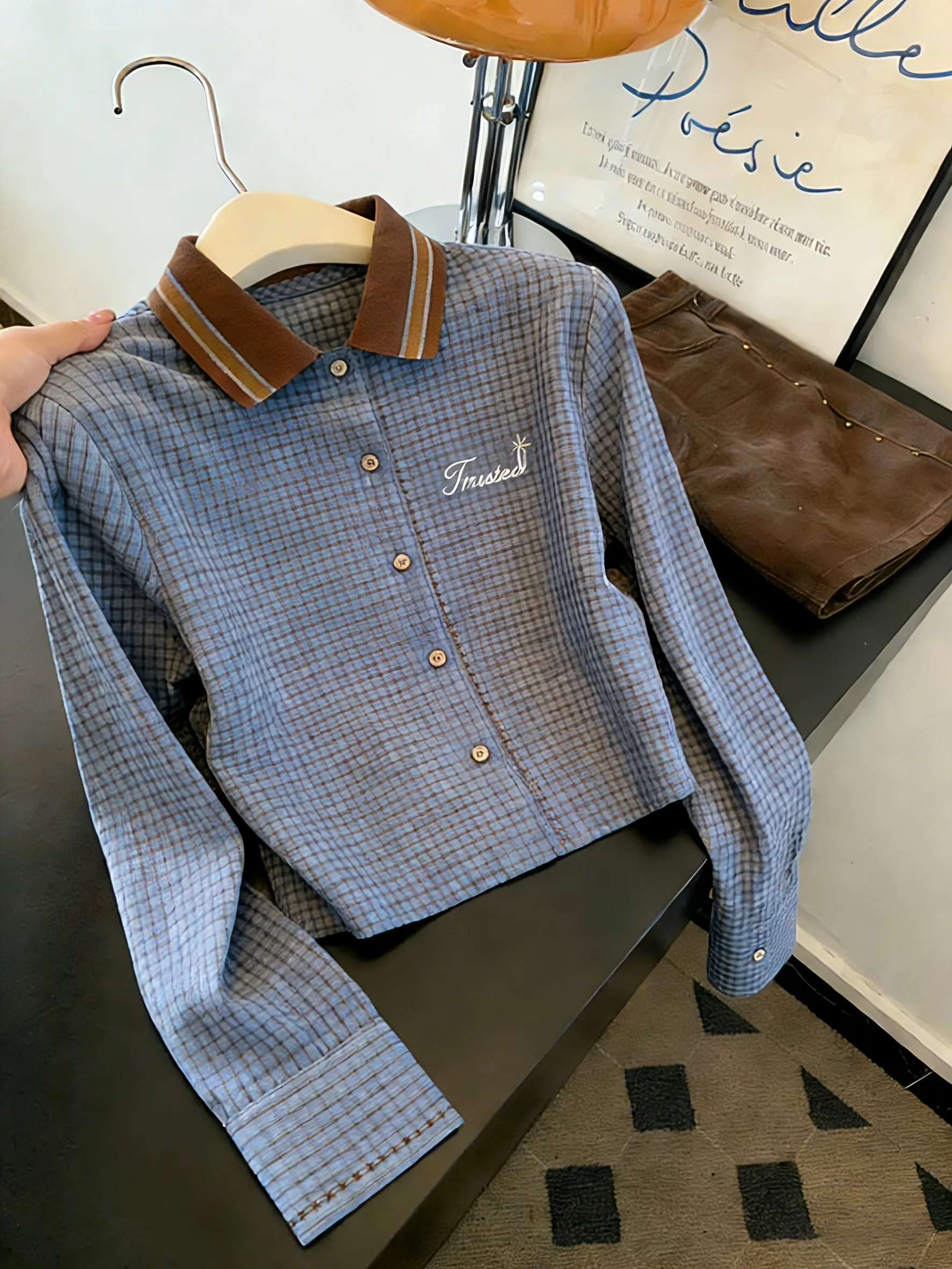 

Винтажная женская рубашка с воротником-стойкой, в стиле колор-блок, в клетку, повседневная, свободного кроя, с длинным рукавом, укороченная, модная, с эффектом стройности