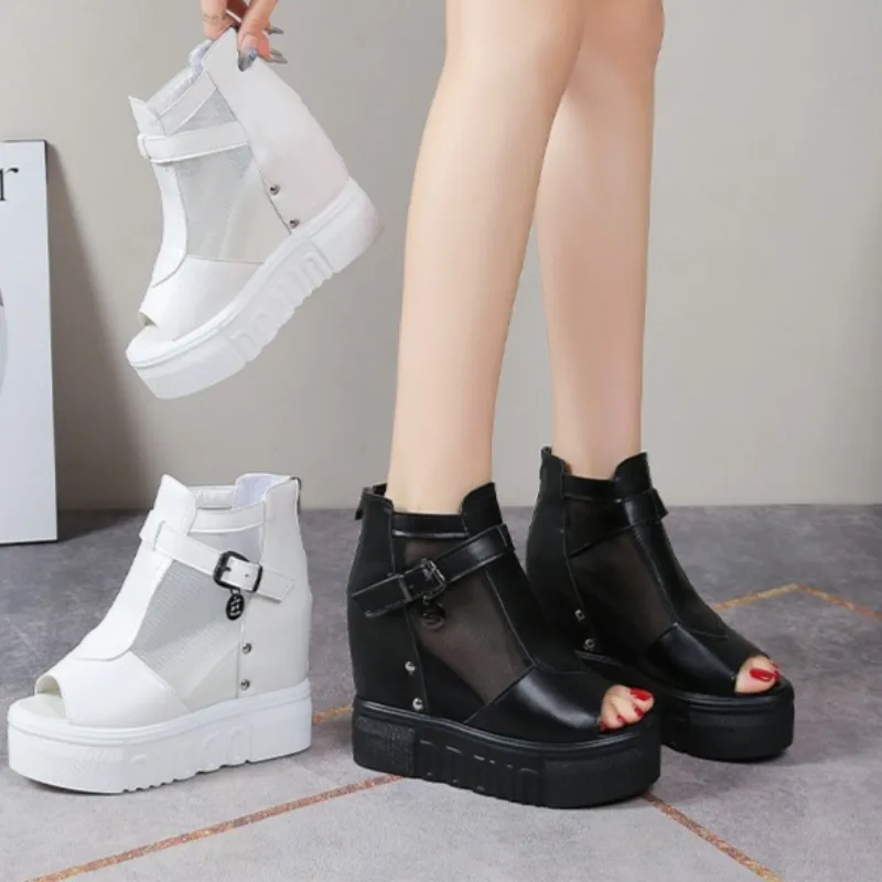 Summer Wedges Mesh 2026 Women's Peep Toe Sandals Thick Soled Non Slip Cool Boots Breathable Back Zipper High Heel Women Sandals