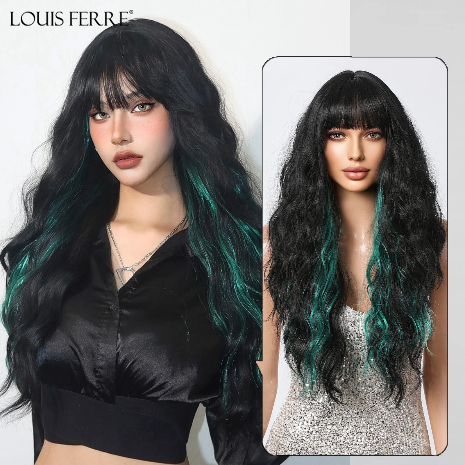 LOUIS FERRE Black With Green Highlights Hair Long Wavy Synthetic Wigs for Women Natural Hair With Bangs Christmas Fiber Wig Hair