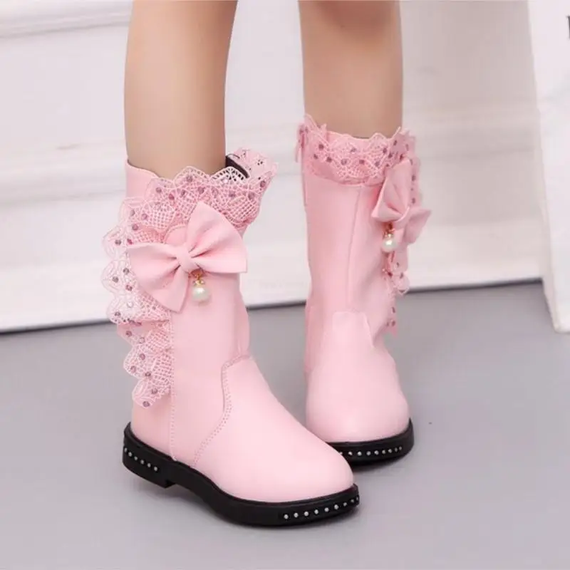 Children\'S Winter Boots for Girls Rhinestone Flower Fashion Plush Long Boots Princess Flats Dress Shoes Snow Boots