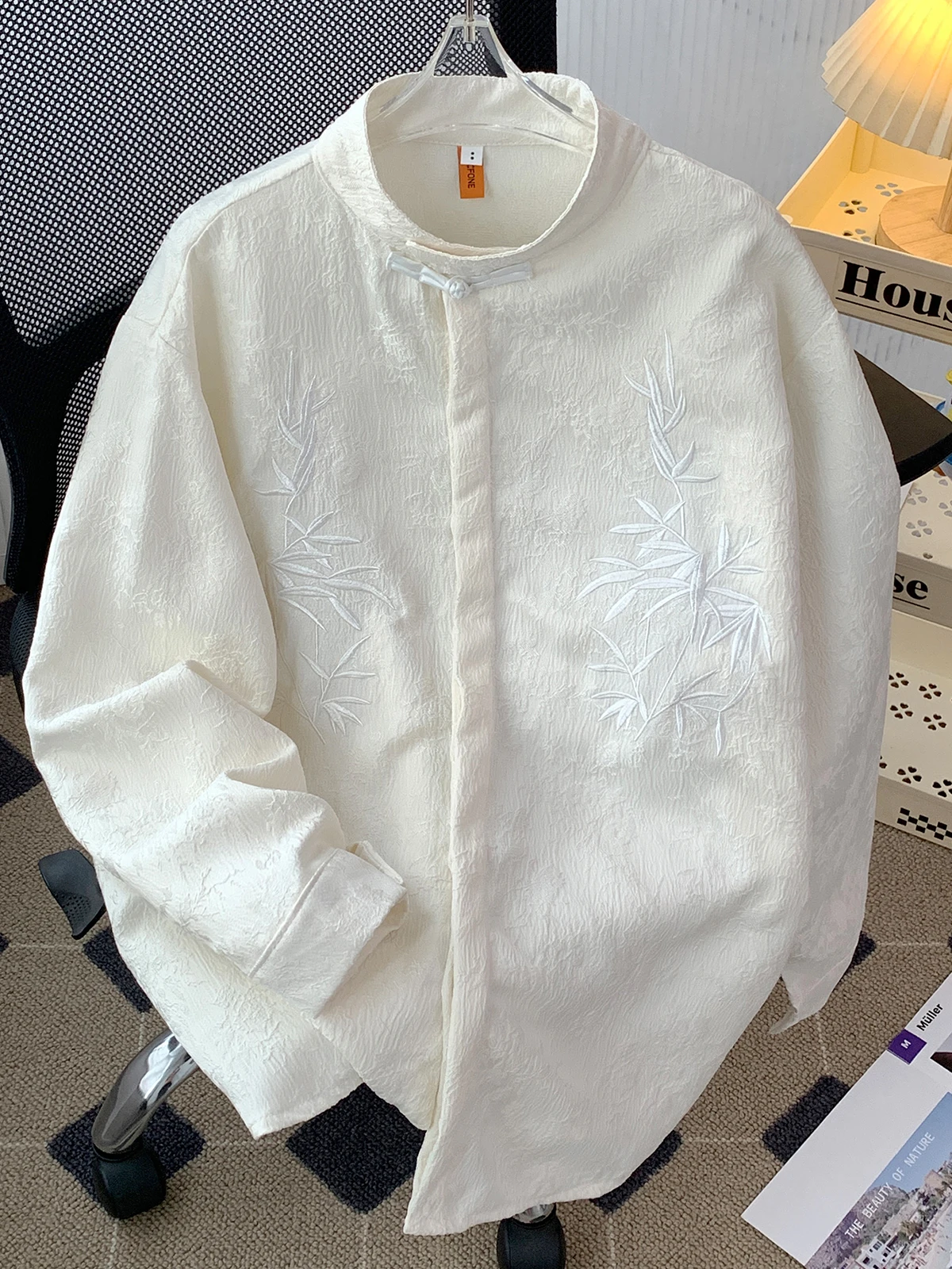 

Spring Autumn Long Sve Embroidered irt Men's Stand Collar Casual Vintage Sli Chinese Tang Costume Plant Floral Pattern