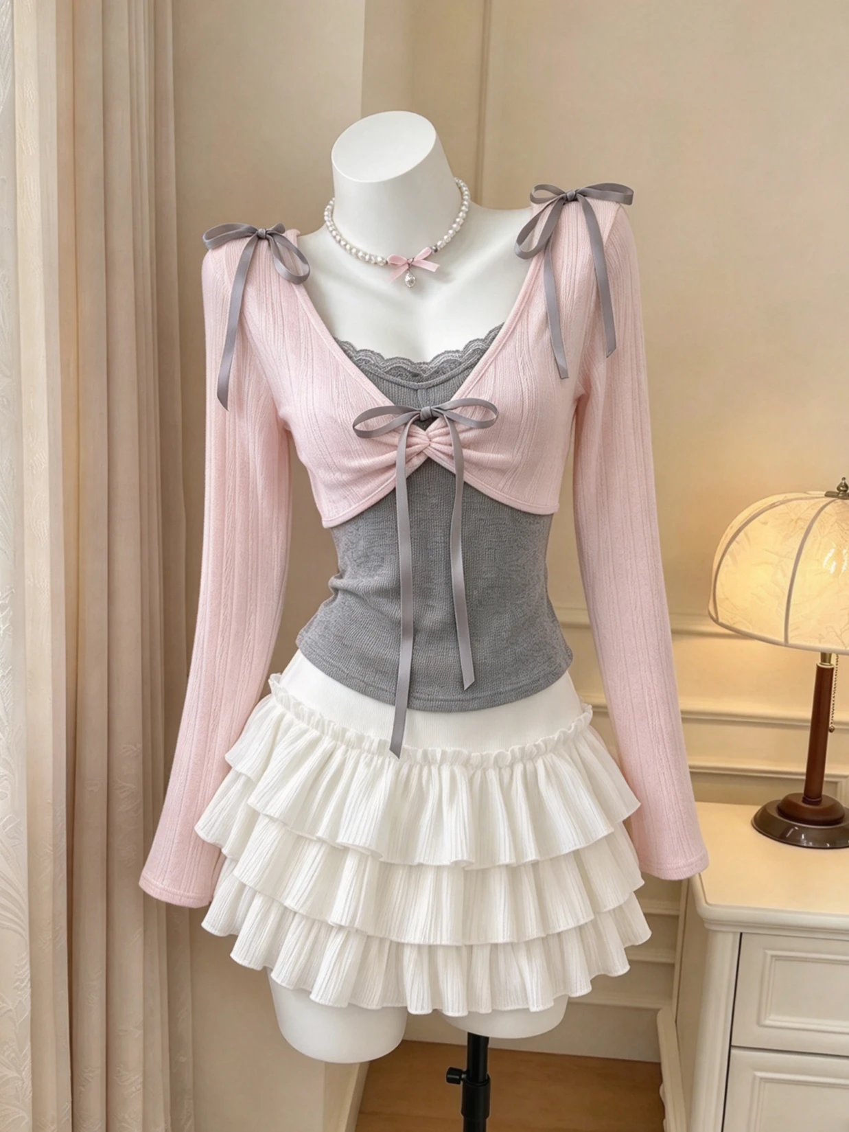 2026 Autumn Korean Preppy 2 Piece Outfit Women Sweet Bow Cardigan Ruffled Mini Skirt New Vintage Lolita Suit Daily Wear