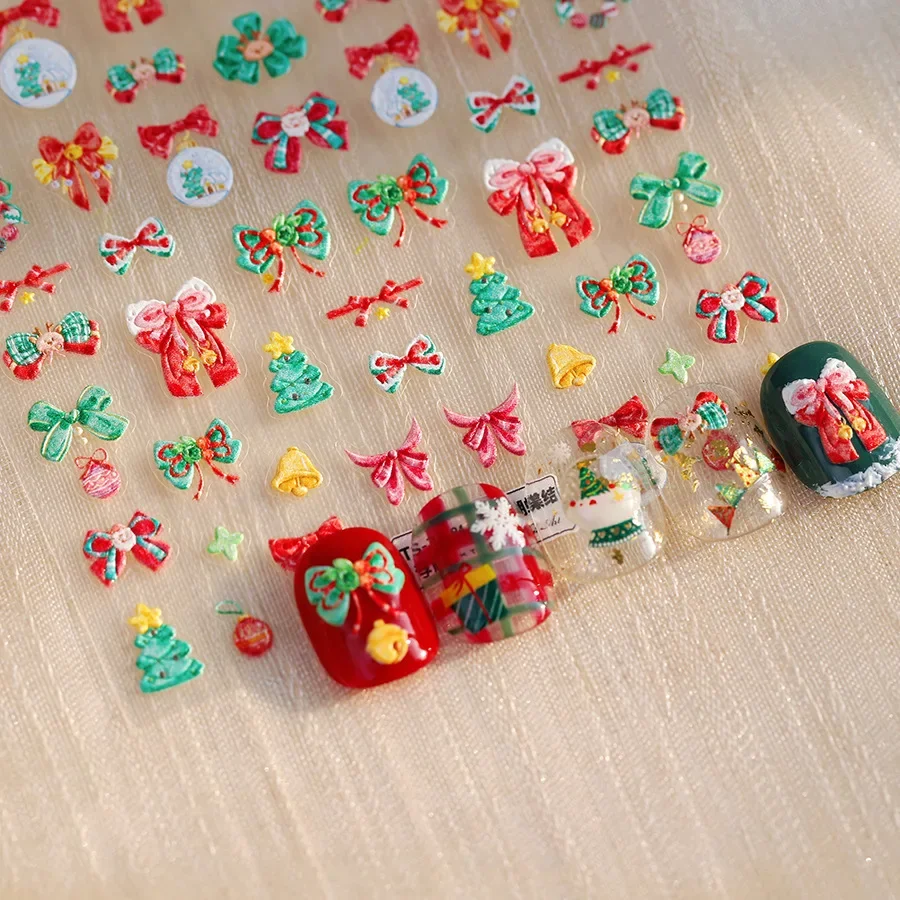 Dressy Christmas Tree Red Green Bowknot Wreath Snowball Star 5D Adhesive Nail Art Stickers Chic Shiny Rhinestone Manicure Decals