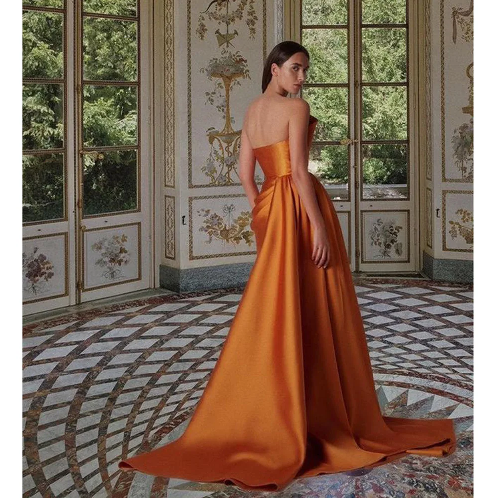 

2024 Fashion Chic Luxury Orange Women Prom Dresses Strapless Ankle Length Sleeveless Slim Fit Smart Formal Evening Party Gowns