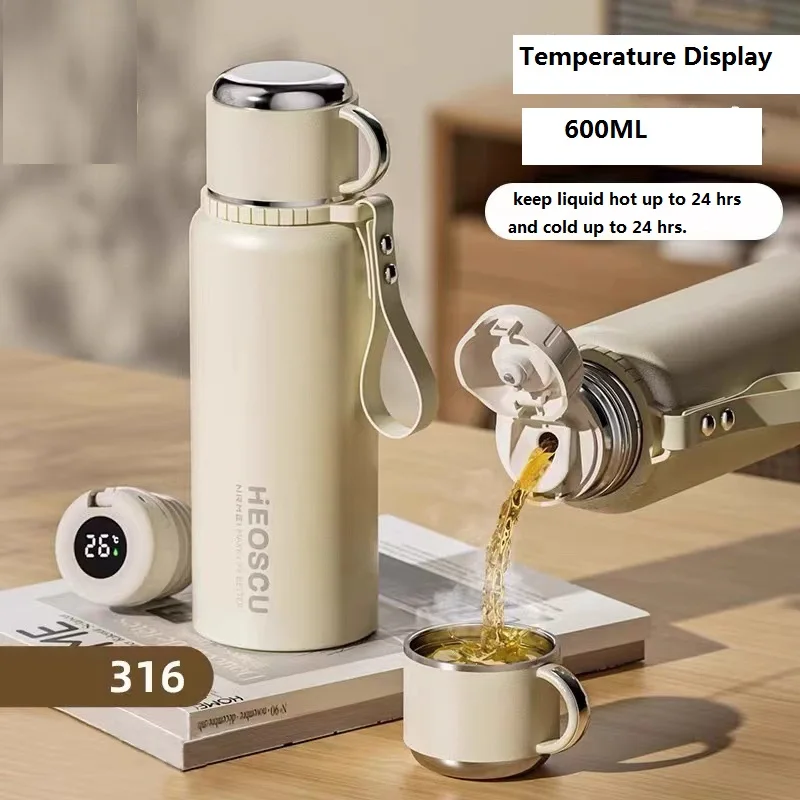 600ML Temperature Display Thermos Cup Stainless Steel Divided Thermos Bottle Outdoor Vacuum Insulated Cup Madam Day Gift