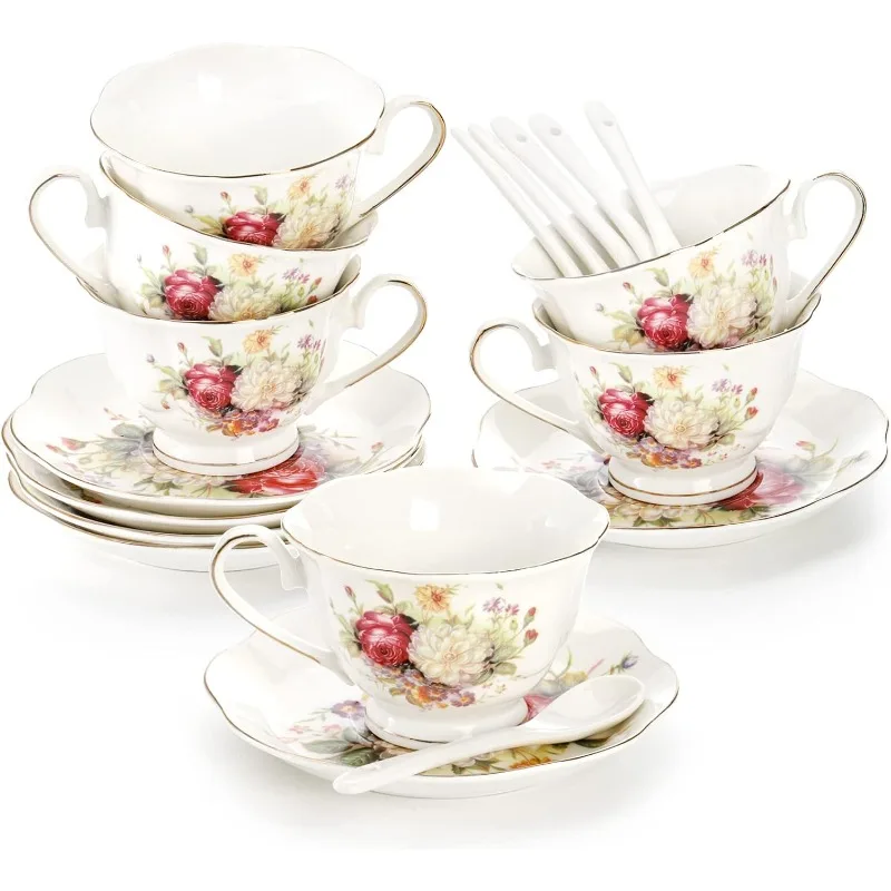 

Tea Cups and Saucers Set of 6, Floral Tea Cup Set with Gold Trim, 6 oz Porcelain Ivory Coffee Cups with Saucers and Spoons