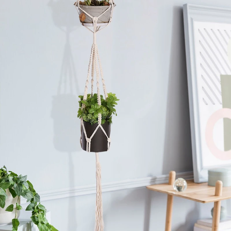 Macrame Double Plant Hanger Indoor Outdoor 2 Tier Hanging Planter Cotton Rope 4 Legs 67 Inch