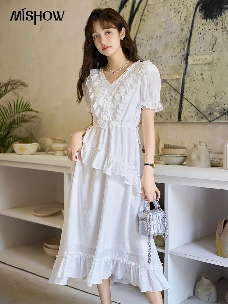 

MISHOW French White Dress for Women 2023 Summer RUFFLES A-LINE Petal Sleeve V-Neck Sweet Waist Temperament Dresses MXC33L1376