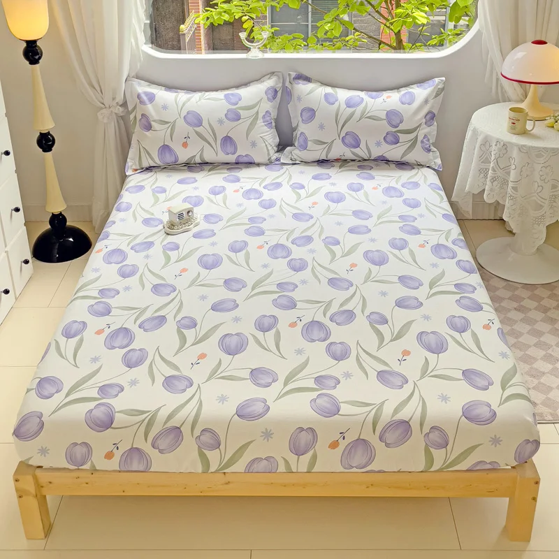 

100% Cotton Bedsheet Floral Style Bed Cover Elastic Fitted Sheet for Home Skin-friendly Bed Linen drap de lit (No Pillowcase)