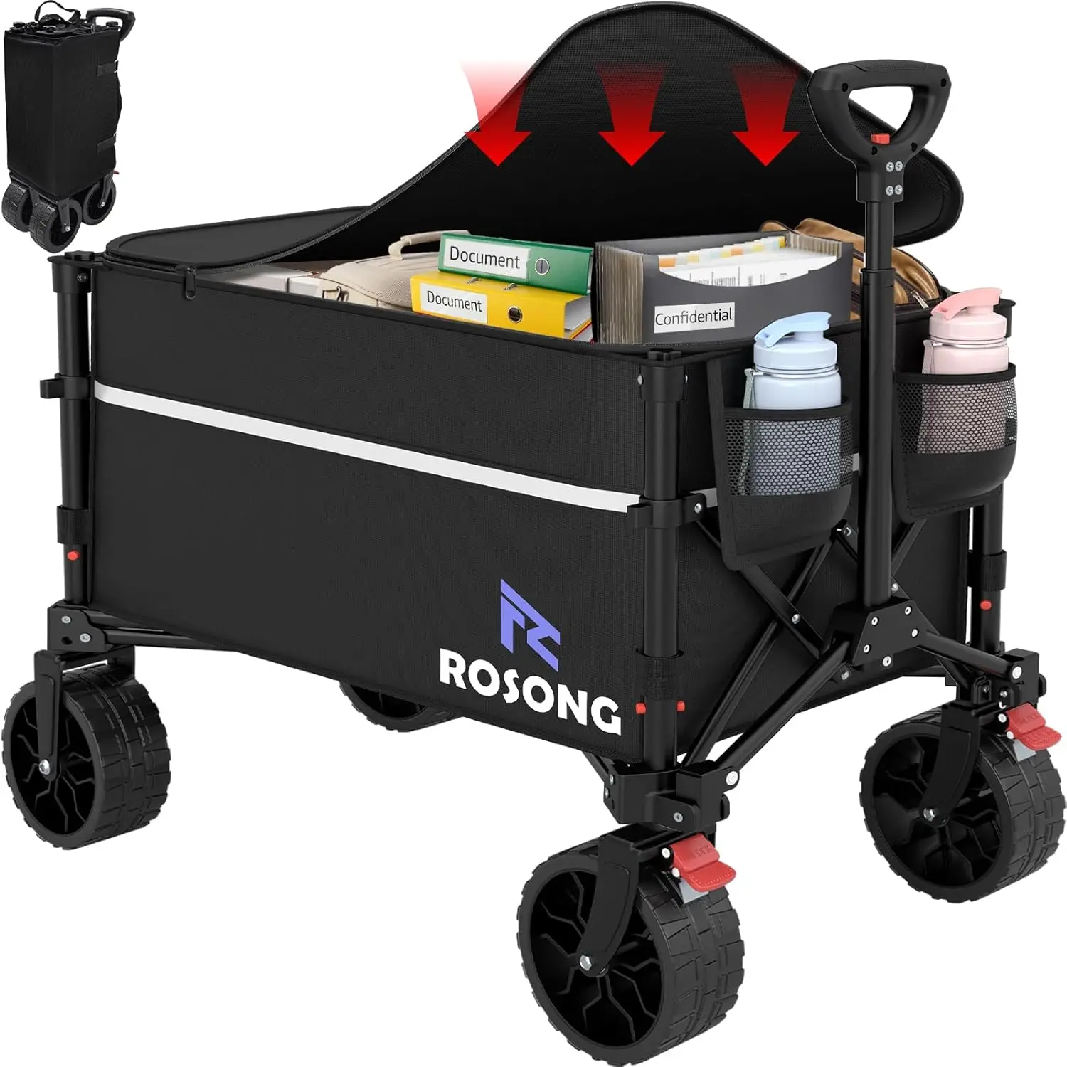 

Collapsible Wagon Cart with Wheels - Heavy Duty Folding Utility Cart for Grocery, Sports, Garden, Shopping, Camping (120L, Black with Cover)